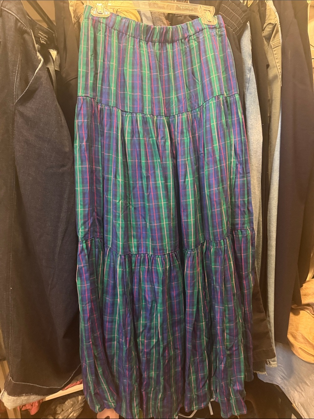 Chaps Green, Blue and Purple Plaid Tiered Maxi Skirt